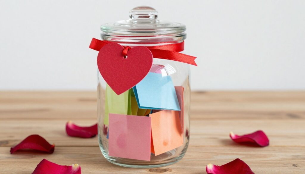 Decorated memory jar filled with colorful folded notes containing special memories