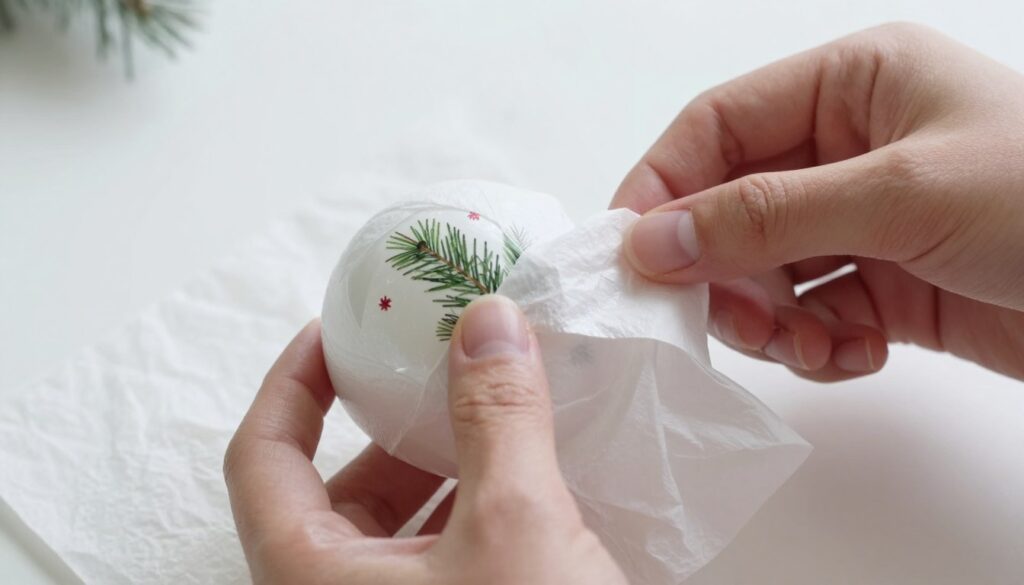 Demonstration of proper ornament wrapping technique using tissue paper
