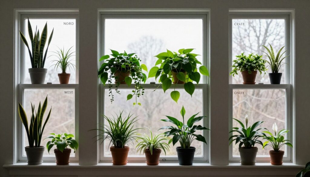 Different low-light houseplants arranged at various distances from windows