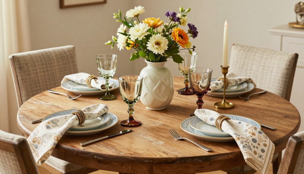 Dining table with Anthropologie home decorating aesthetic featuring mix-and-match dinnerware and unique glassware Dining table with Anthropologie home decorating aesthetic featuring mix-and-match dinnerware and unique glassware