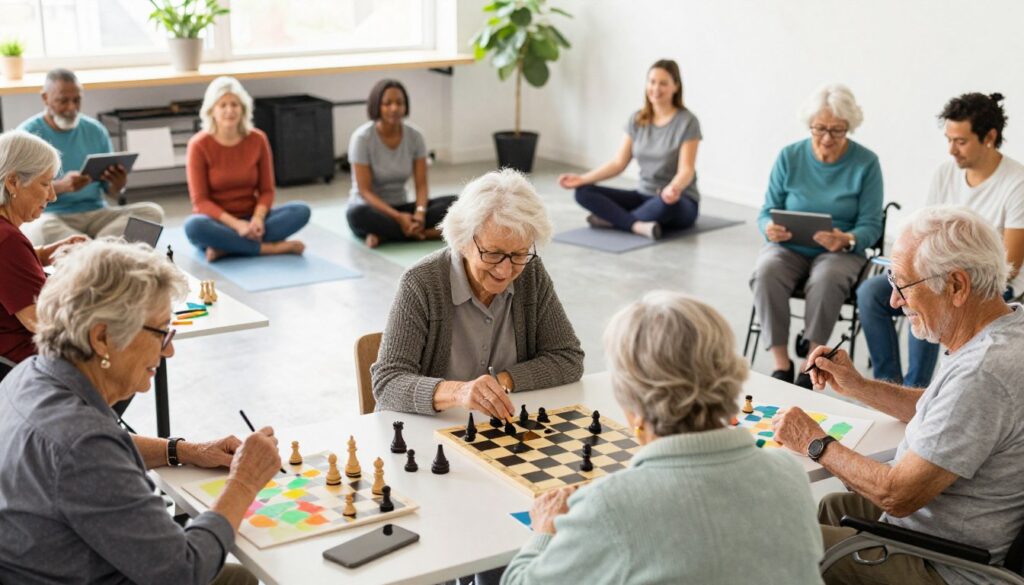 Diverse group of seniors enjoying various hobbies together, celebrating hobbies for older adults