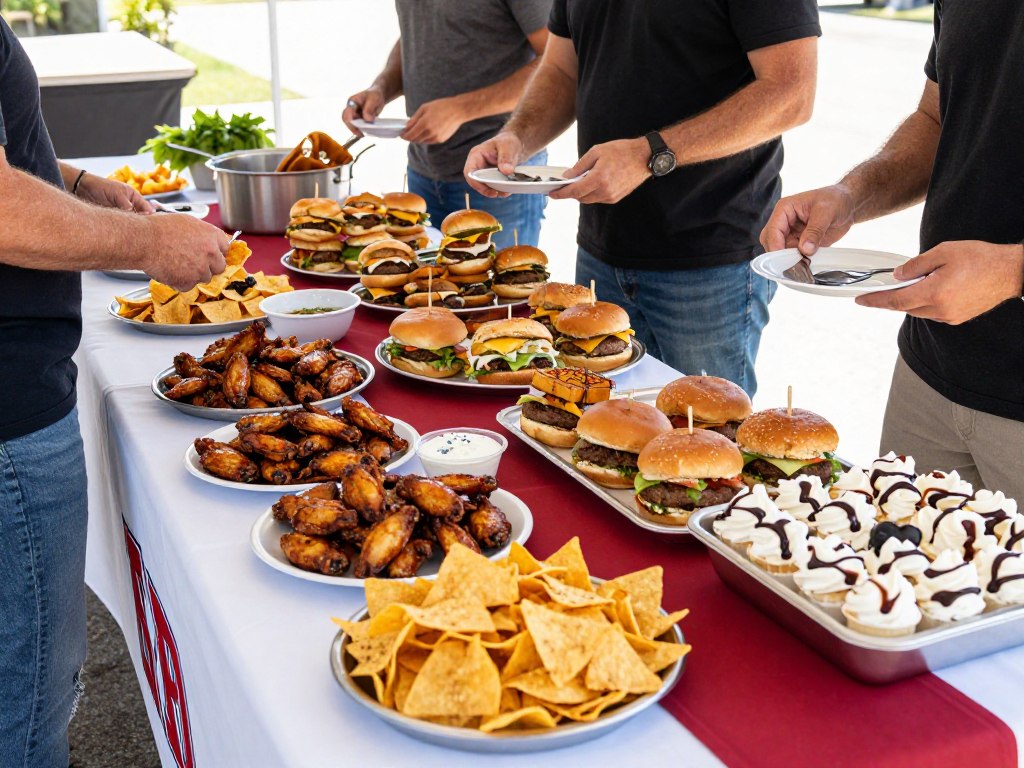 Elaborate tailgate food spread with various dishes and team-themed decorations