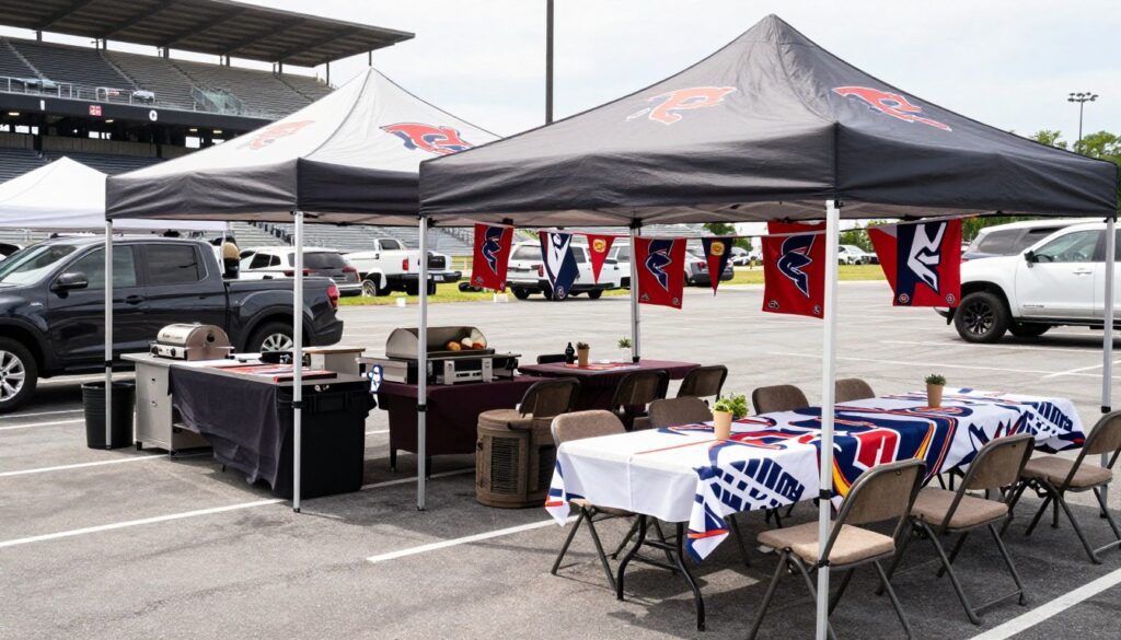 Elaborate tailgate setup with tent, grill, and team decorations
