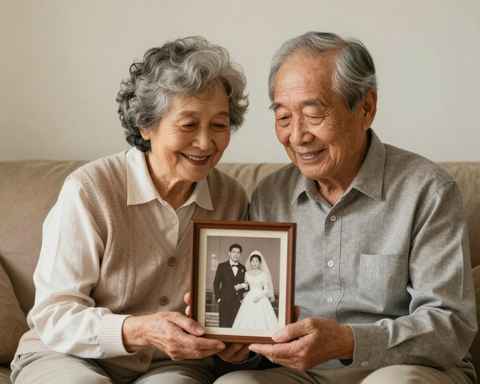 Elderly couple looking at their wedding photo