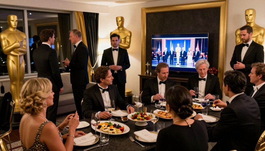 Elegant Oscars watch party in full swing with guests enjoying food, drinks, and the ceremony