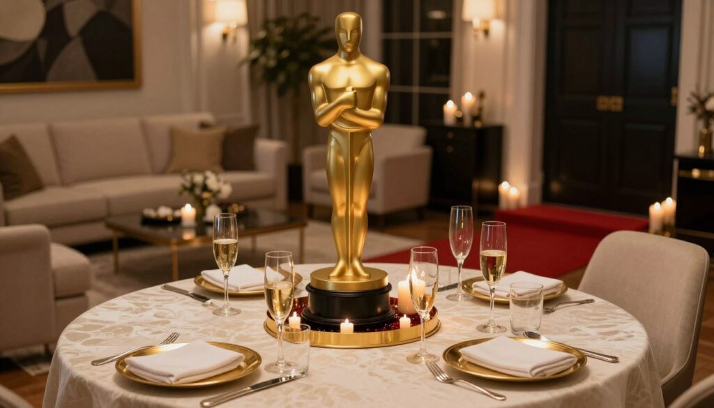 Elegant Oscars watch party setup with gold decorations, champagne glasses, and a red carpet entrance