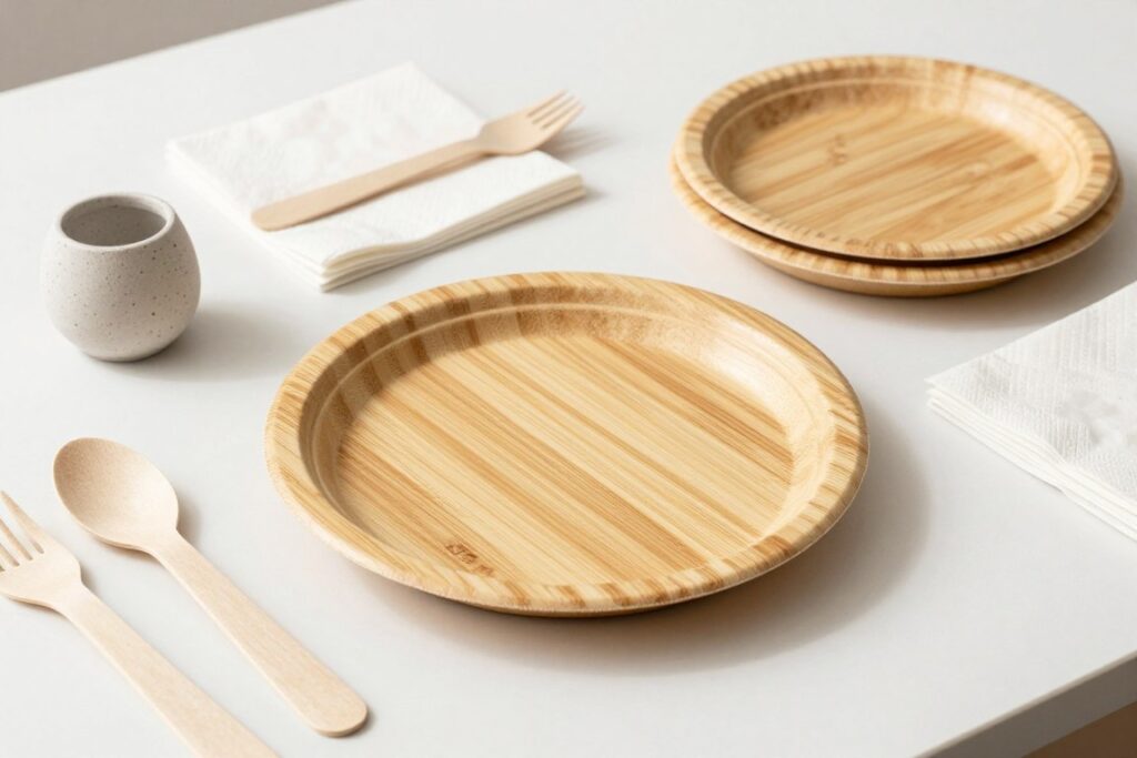 Elegant disposable plates and utensils arranged for a party Elegant disposable plates and utensils arranged for a party