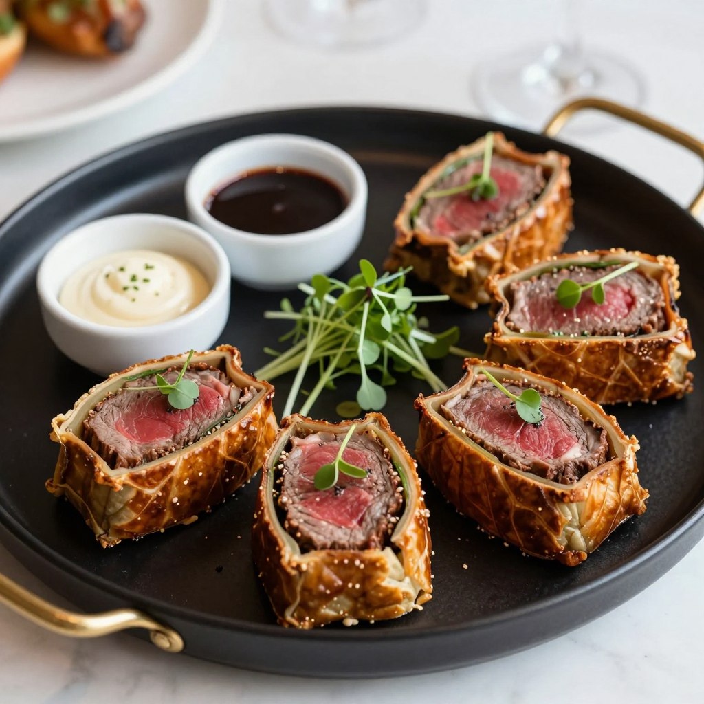 Elegant mini beef Wellington bites on a serving platter