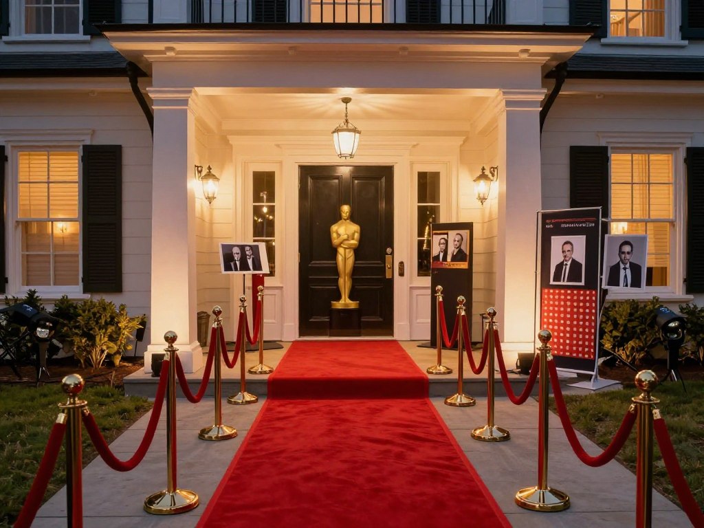 Elegant red carpet entrance setup for an Oscars watch party