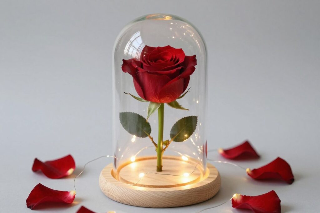 Enchanted rose dome centerpiece with a single red rose under a glass cloche surrounded by fairy lights
