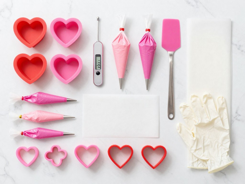 Essential candy-making tools arranged neatly including heart-shaped molds, thermometer, piping bags, and spatulas for Valentine's Day candy projects