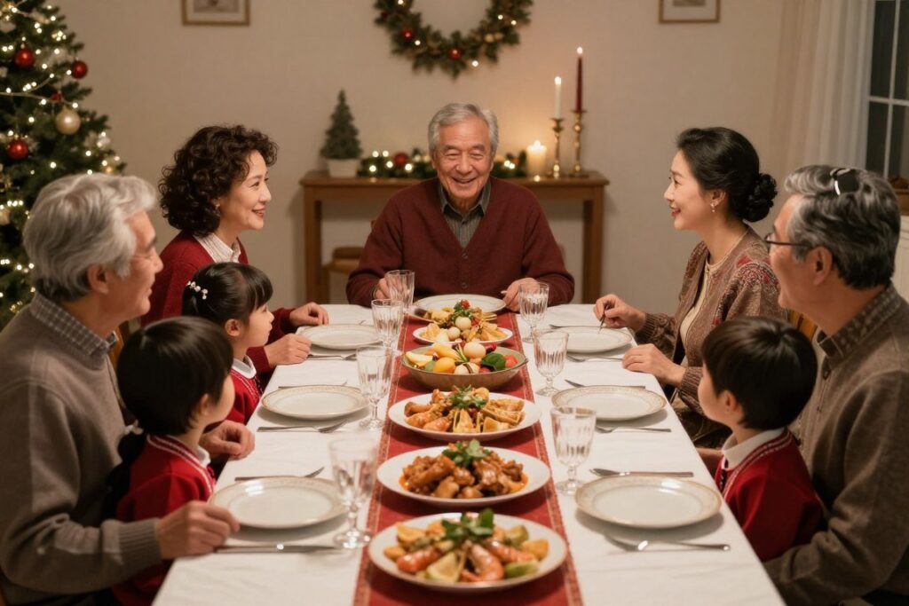 Family gathered around a holiday table with traditional foods