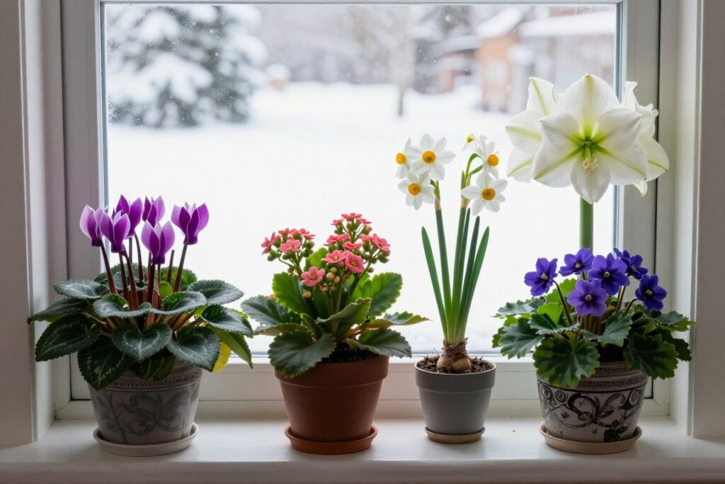 Flowering plants brightening a winter windowsill garden Flowering plants brightening a winter windowsill garden