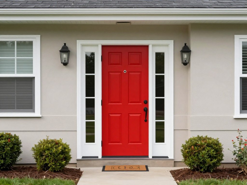 Freshly painted red front door enhancing home curb appeal