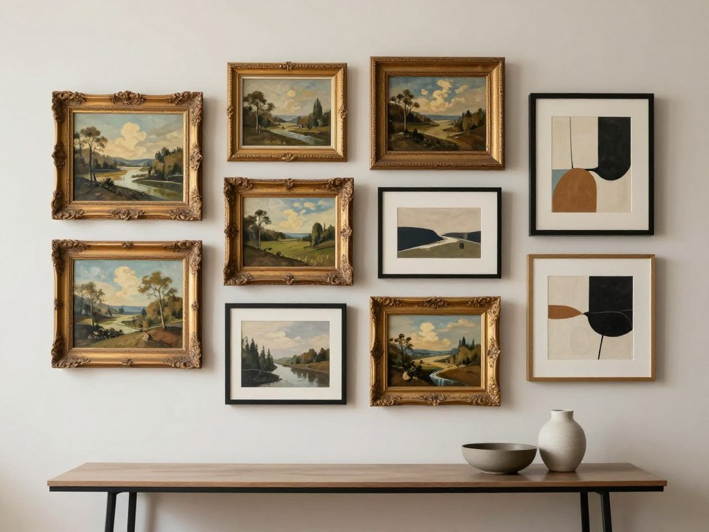 Gallery wall mixing vintage landscape paintings with modern art pieces Gallery wall mixing vintage landscape paintings with modern art pieces