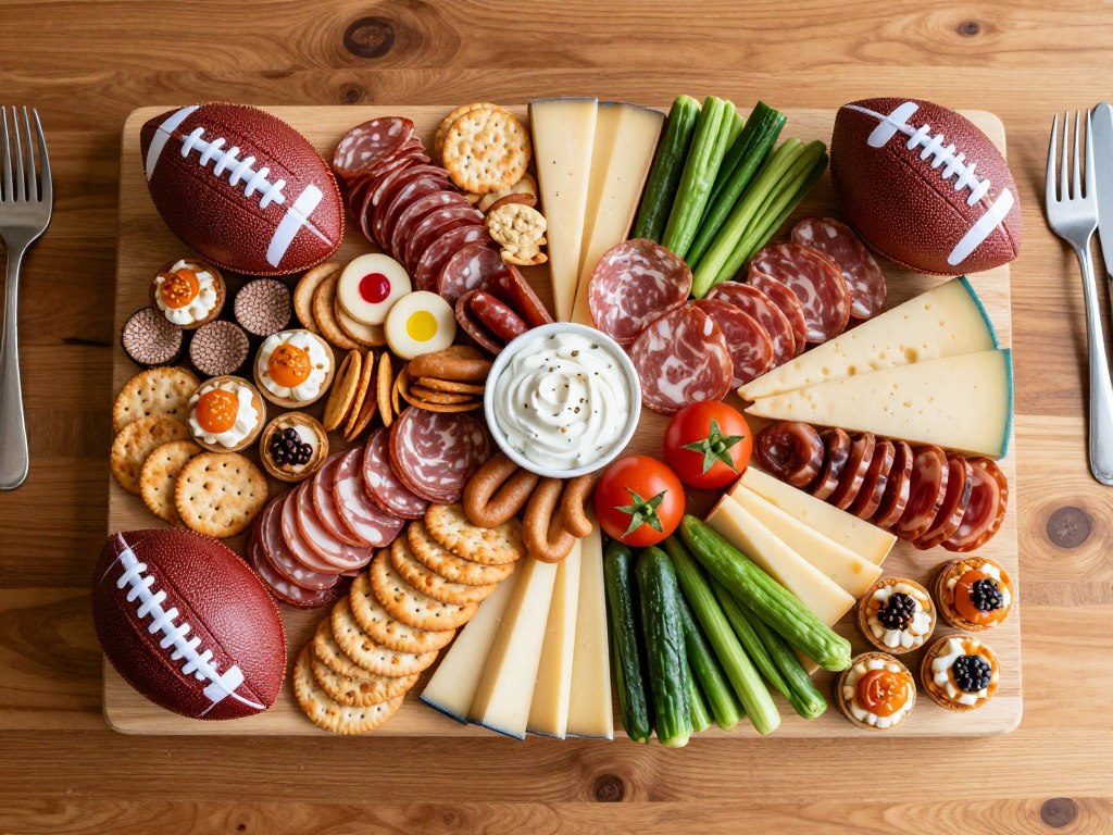 Game-day grazing board with football-themed snacks and appetizers Game-day grazing board with football-themed snacks and appetizers
