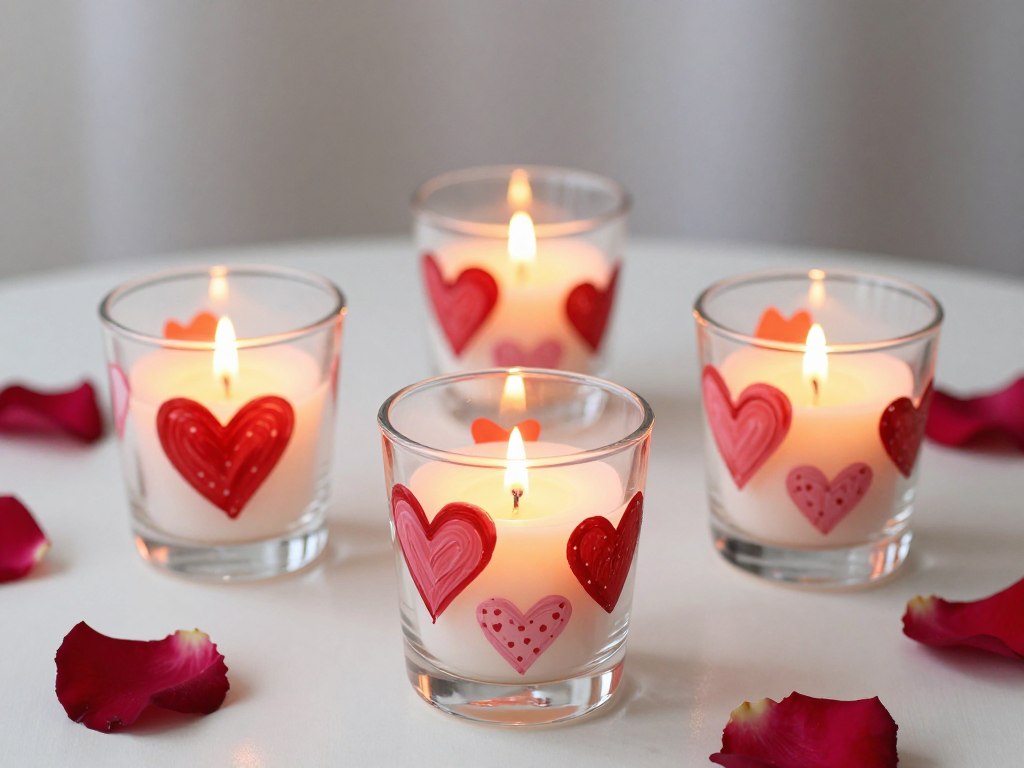 Glass candle holders hand-painted with Valentine's designs