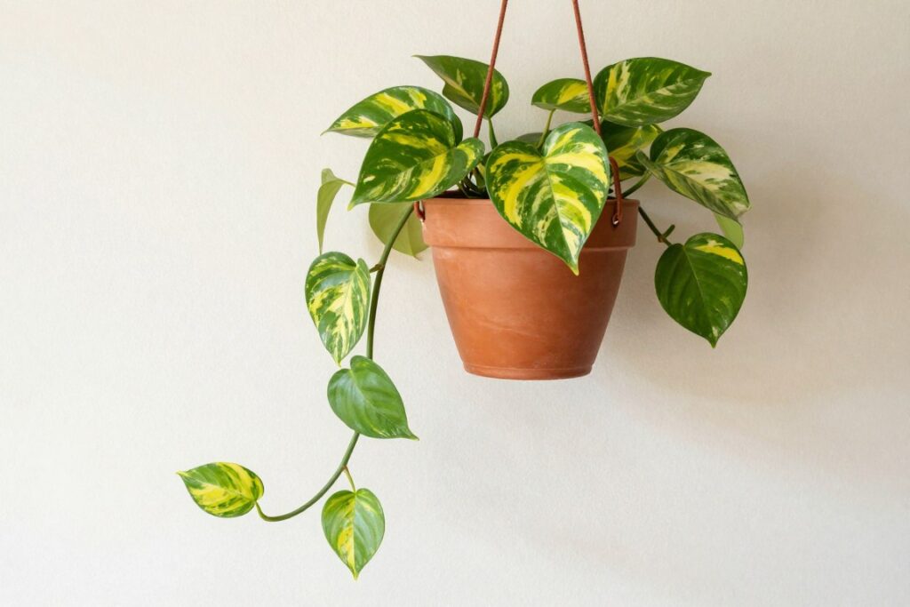 Golden pothos with heart-shaped variegated leaves trailing from a hanging pot