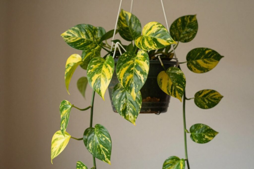 Golden pothos with trailing vines and variegated heart-shaped leaves