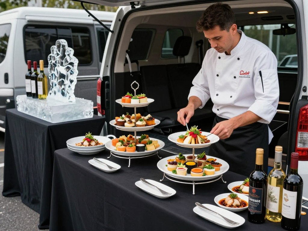 Gourmet tailgate food display with professional chef preparing dishes