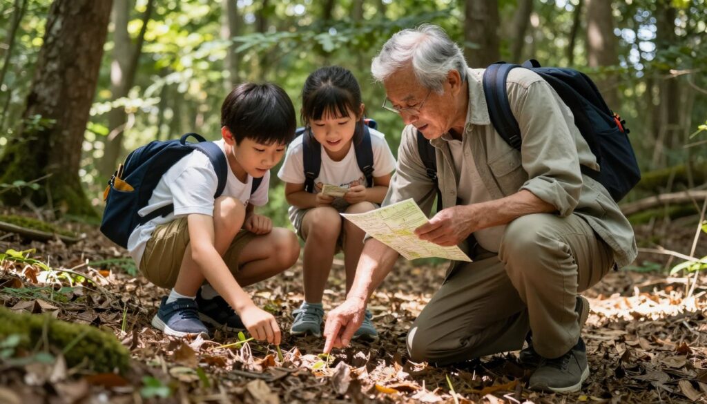 Grandfather and grandchildren on a nature scavenger hunt as one of the meaningful things to do with your grandkids without screens