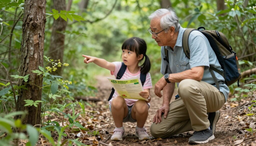 Grandfather and granddaughter on a nature scavenger hunt during their Grandkid Date