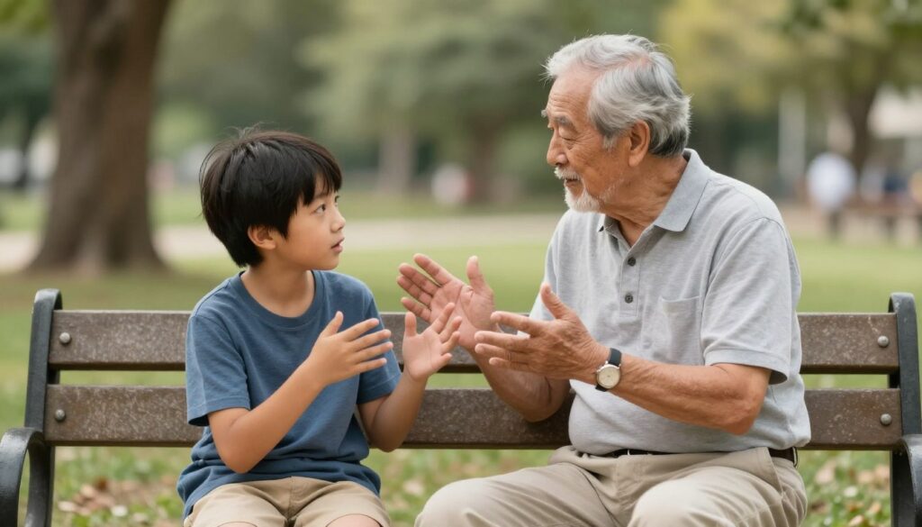 Grandfather and grandson in deep conversation during their Grandkid Date