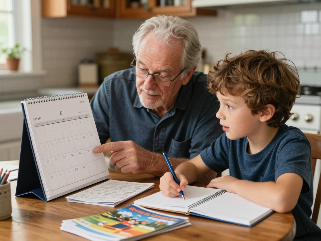 Grandfather and grandson planning their Grandkid Date together at kitchen table