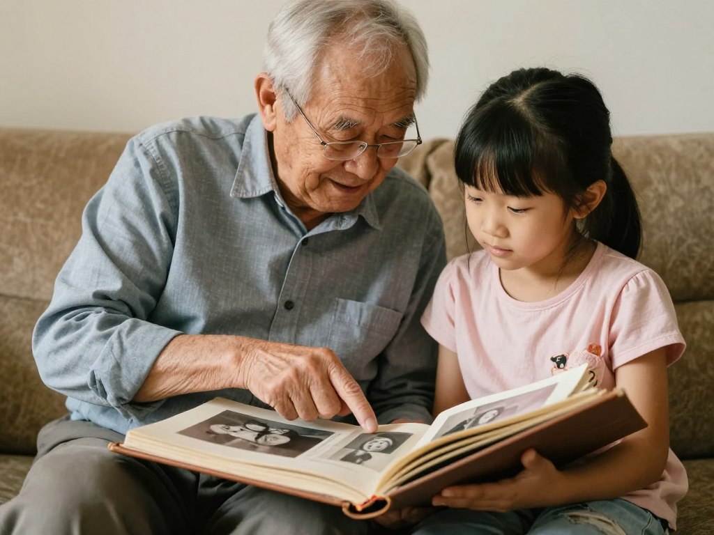 Grandfather showing his granddaughter old family photos during their Grandkid Date