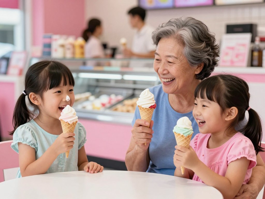 Grandmother and granddaughter enjoying ice cream after their Grandkid Date