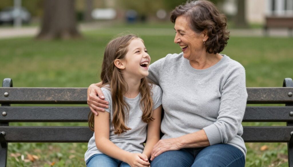 Grandmother and granddaughter laughing together during a Grandkid Date at a park