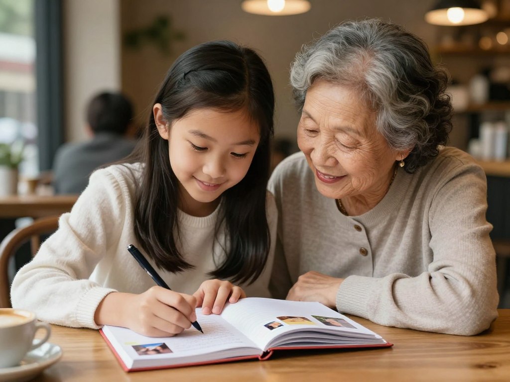 Grandmother and granddaughter writing in a memory journal after their Grandkid Date