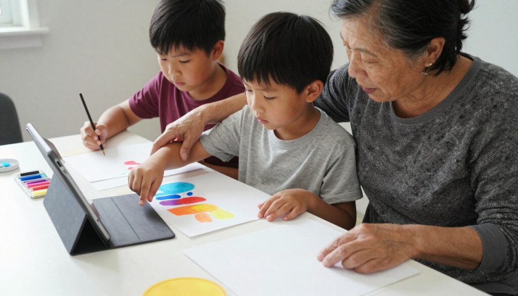 Grandmother helping grandchild transition from tablet to art project as one of the meaningful things to do with your grandkids without screens