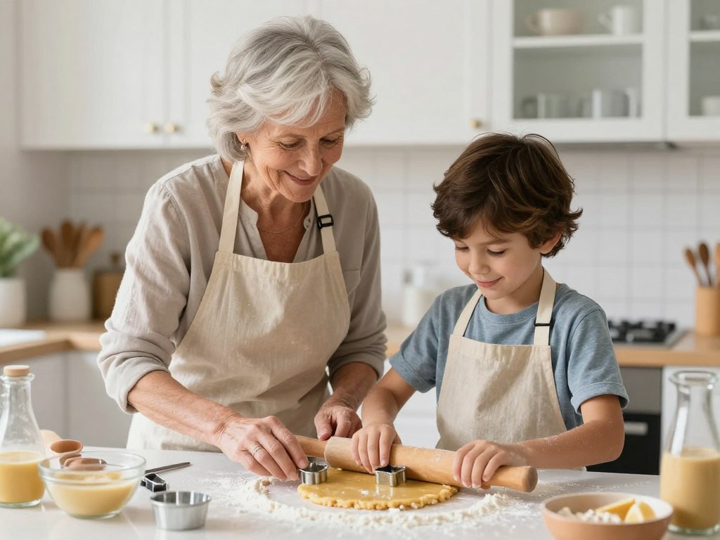 Grandmother teaching grandchild to bake cookies as one of the meaningful things to do with your grandkids without screens