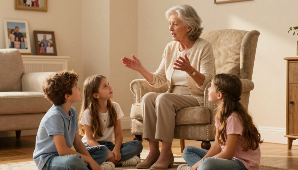 Grandmother telling stories to her attentive grandchildren