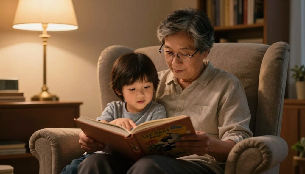 Grandparent and grandchild reading a storybook together as one of the meaningful things to do with your grandkids without screens