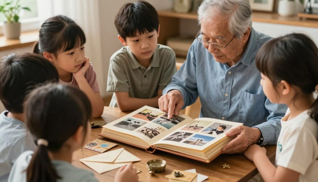 Grandparent using photos to enhance storytelling with grandchildren