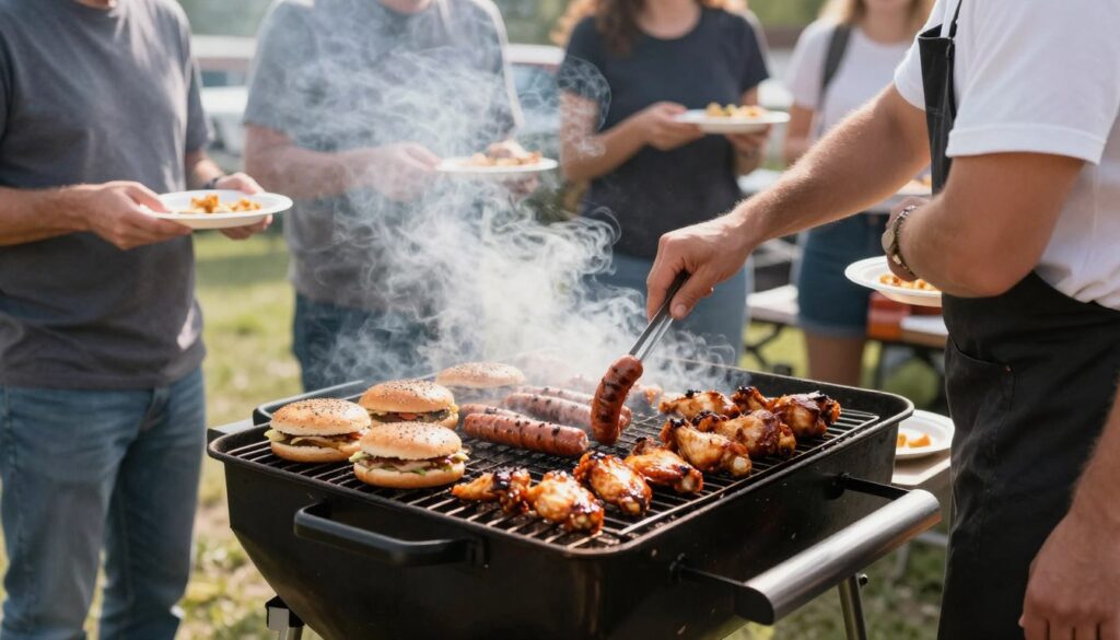 Grill master cooking burgers and sausages at a tailgate party