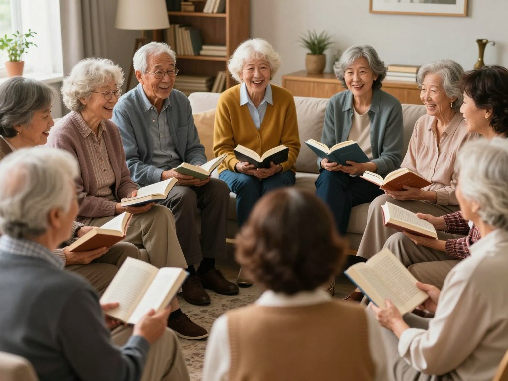Group of older adults in a book club discussion, demonstrating social hobbies for older adults