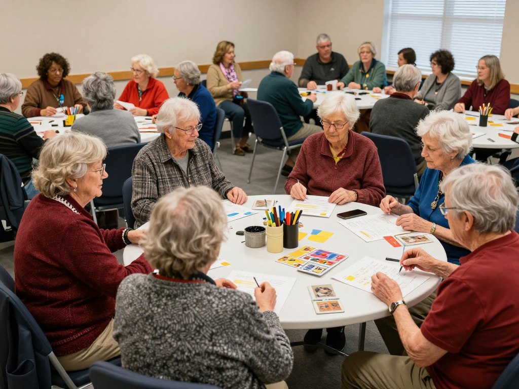 Group of seniors in a hobby club meeting, showing community aspect of hobbies for older adults