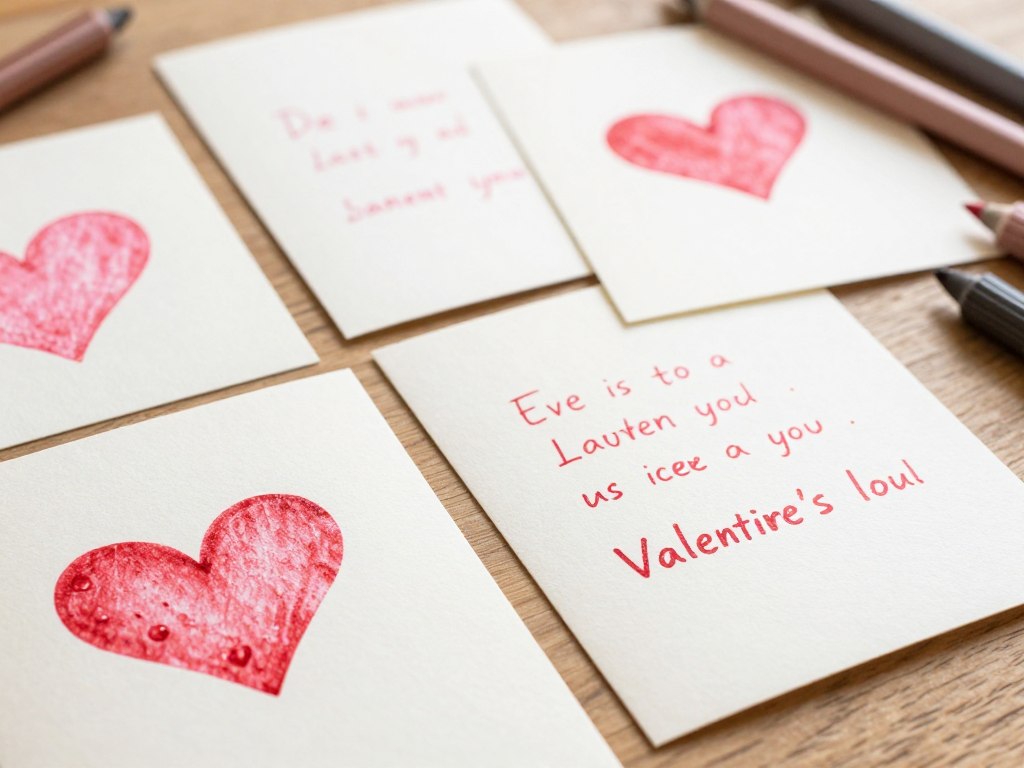 Hand-stamped Valentine's cards with heart designs and personalized messages