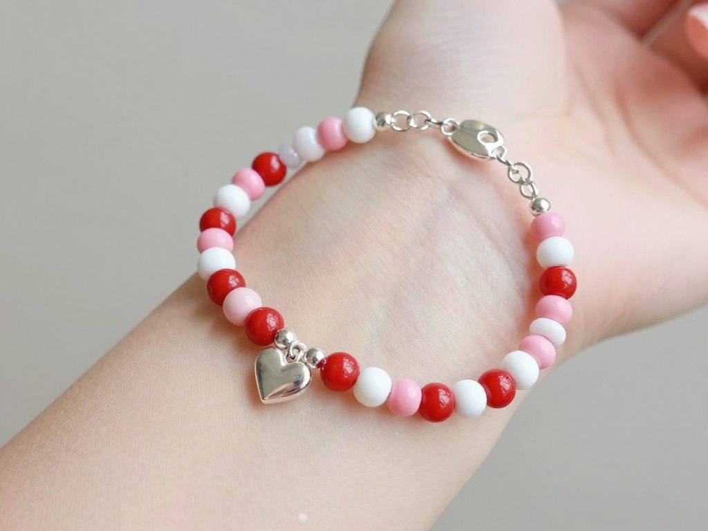 Handmade beaded bracelet with heart charms and Valentine's colors