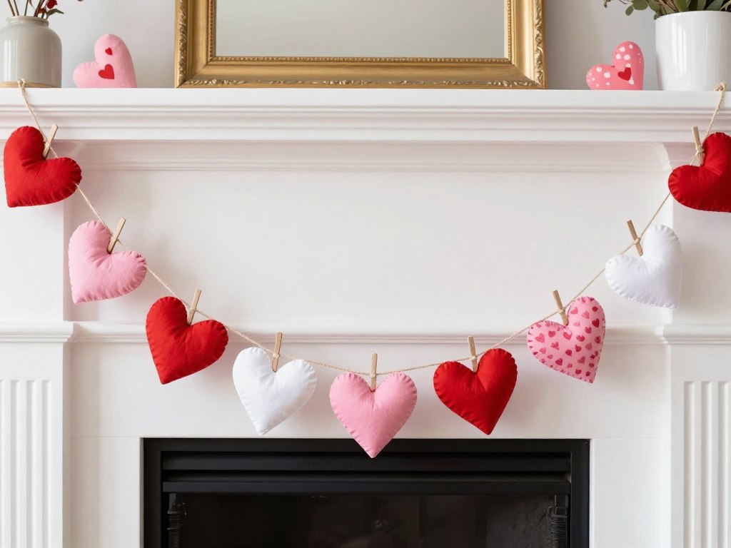 Handmade fabric heart garland hanging across a mantle