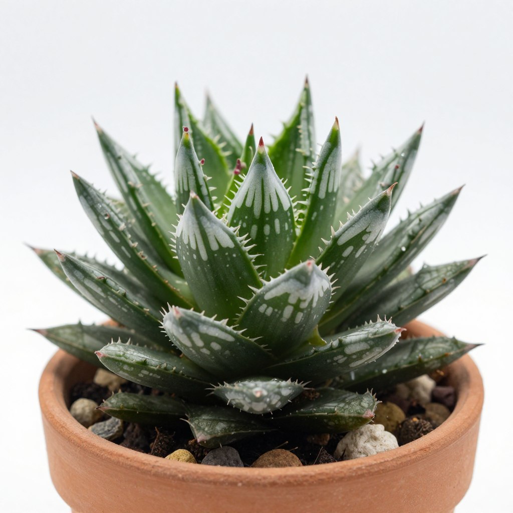 Haworthia succulent with spiky, striped leaves arranged in a rosette