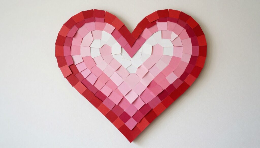 Heart-shaped mosaic wall art made from paper in Valentine's colors