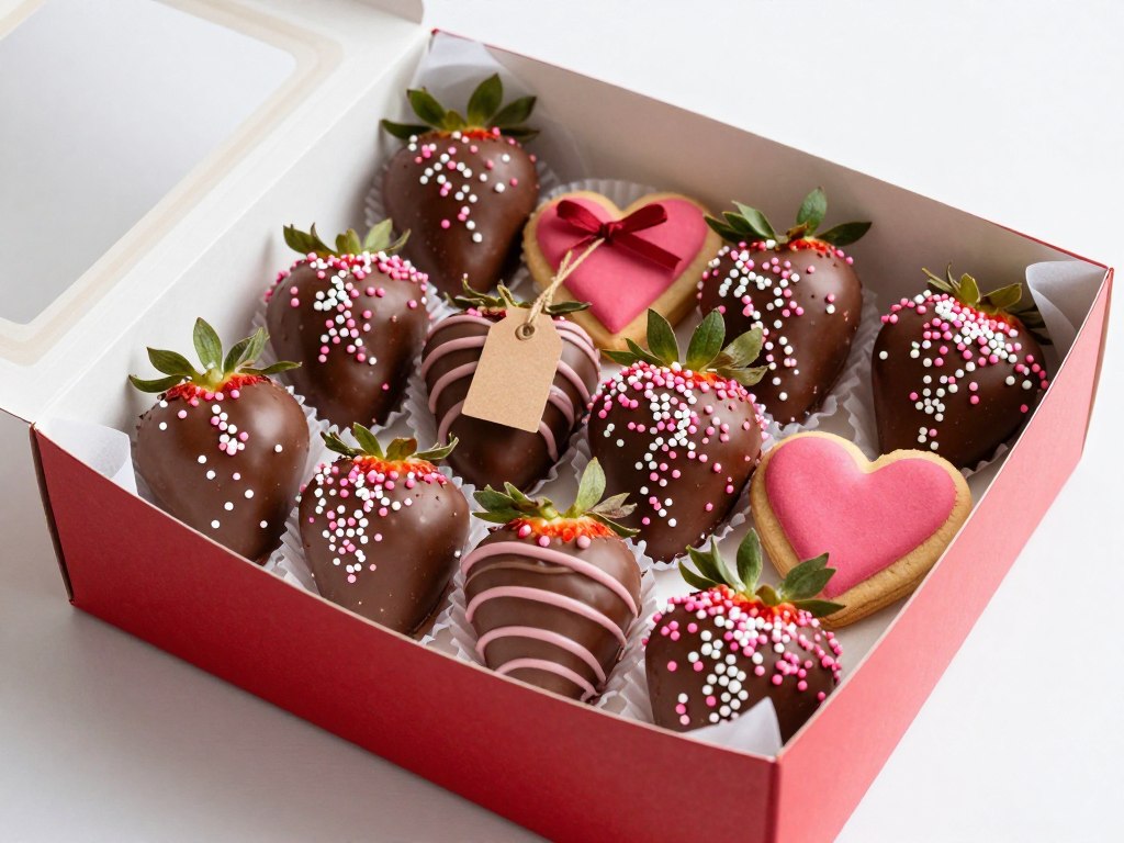 Homemade chocolate-dipped strawberries and cookies in a decorated Valentine's gift box
