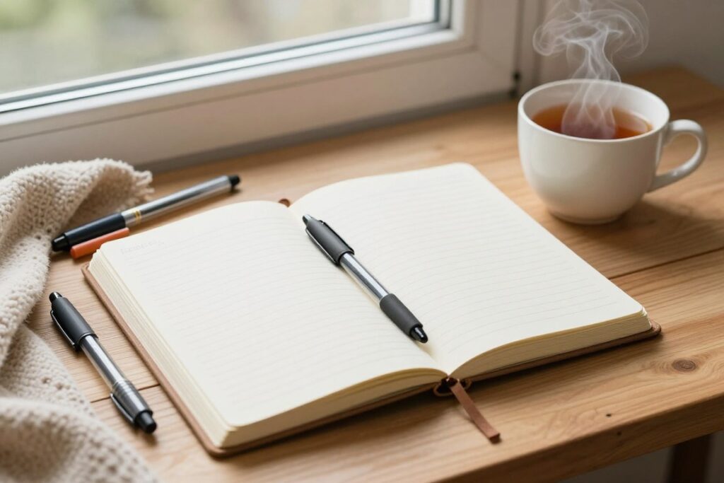 Journaling setup with notebook, pens, and a cup of tea in a cozy environment