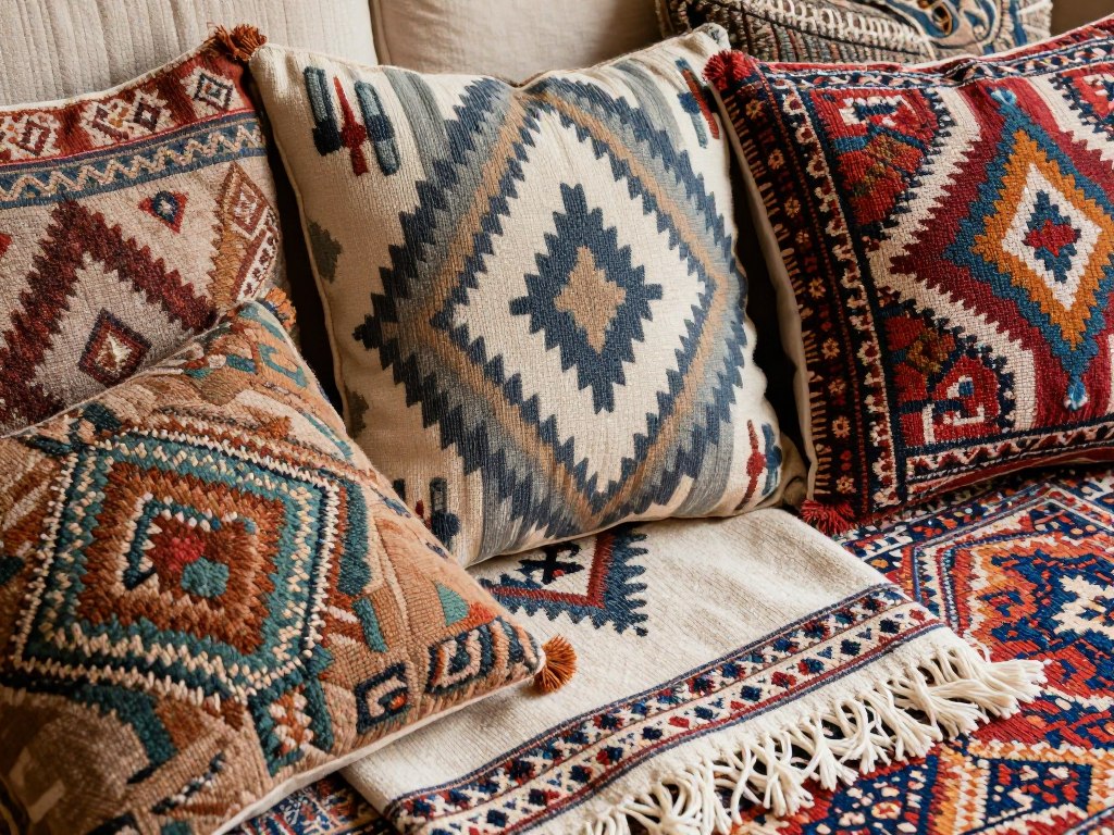 Layered Bohemian textiles including pillows, throws, and rugs