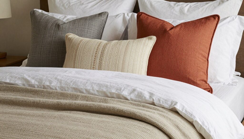 Layered bedding in an Anthropologie inspired bedroom with multiple textures and patterns
