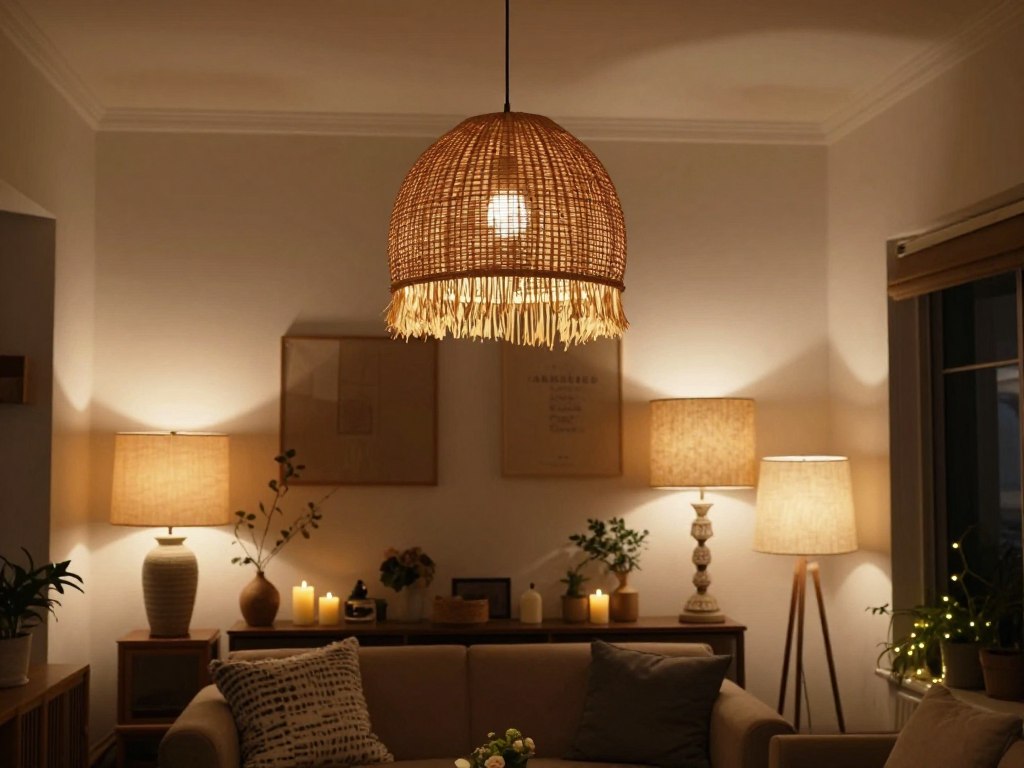 Layered lighting in a Bohemian living space
